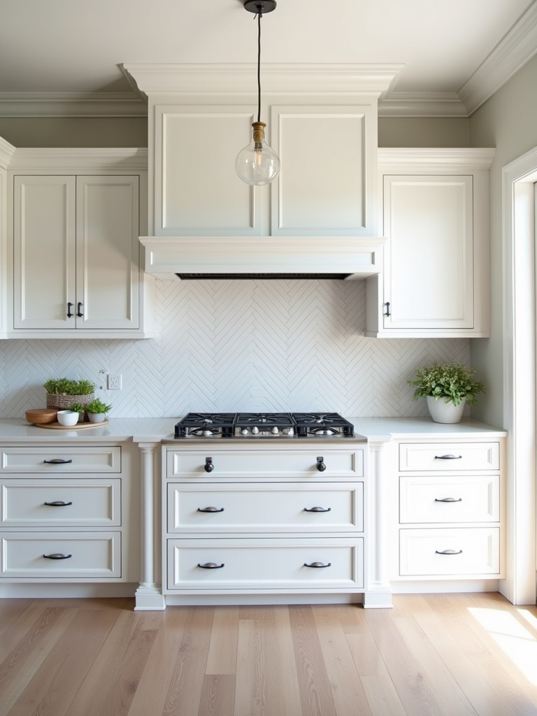 A traditional kitchen showcasing a chevron patterned tile backsplash, combining modern and elegant styling in a brightly lit space