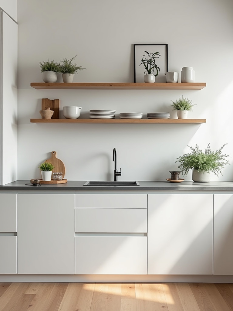 Modern kitchen featuring minimalist floating shelves with dishware and plants