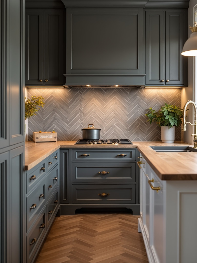 A stylish kitchen featuring a gray herringbone tile backsplash and warm lighting