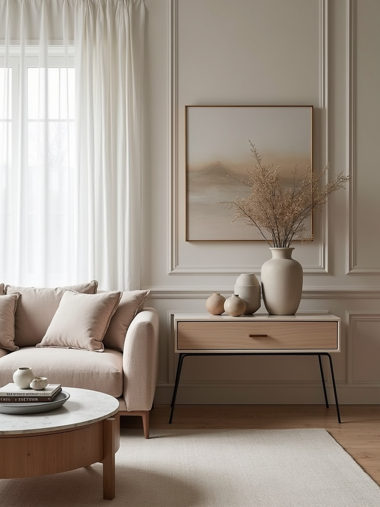 Living room with chic side table showing decorative items, neutral tones, mid level angle and soft light.