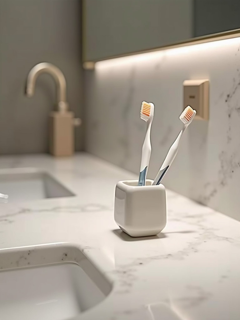 A chic ceramic toothbrush holder with a geometric design on a marble counter