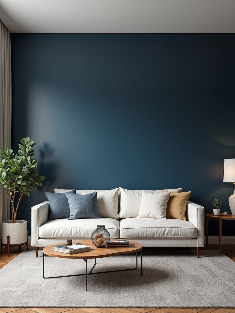 A living room with a striking dark blue accent wall