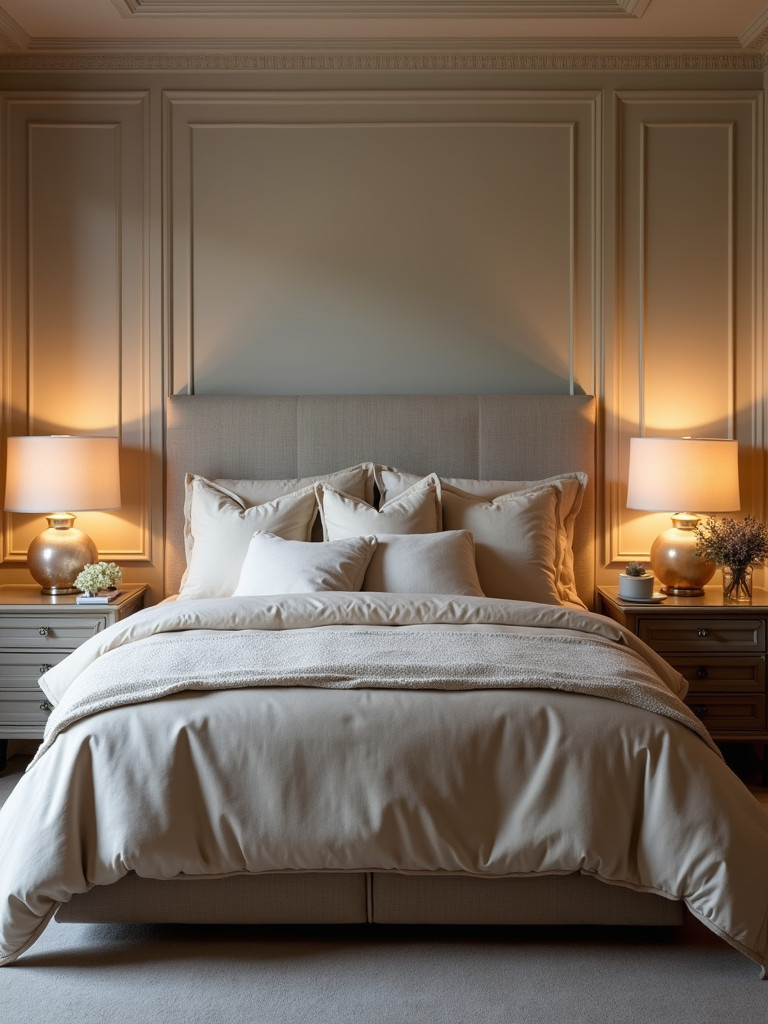 An elegant bedroom with a luxurious bed and soft lighting