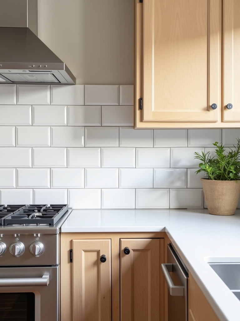 A traditional kitchen with a classic white subway tile backsplash, light wood cabinets, and stainless steel appliances