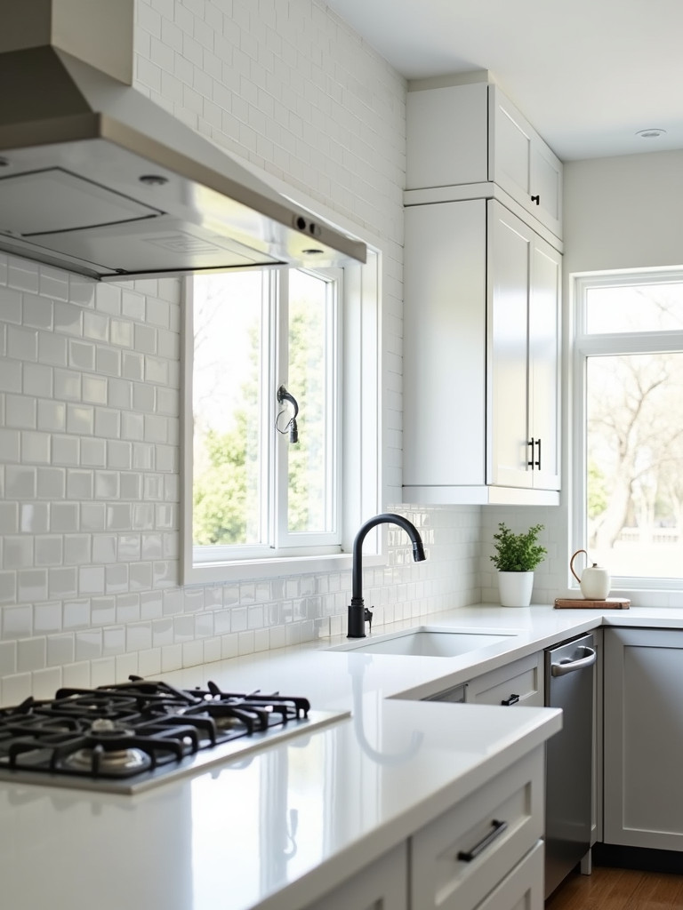A modern kitchen featuring a classic white subway tile backsplash with stainless steel appliances
