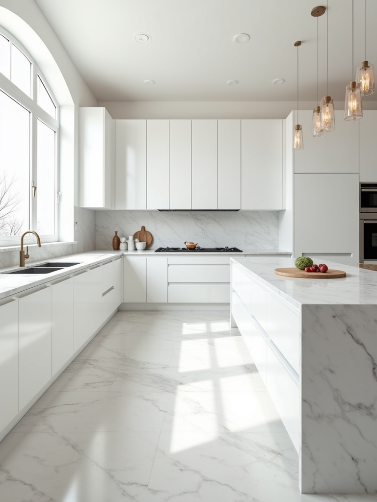 A bright kitchen featuring white cabinets and classic white marble countertops.