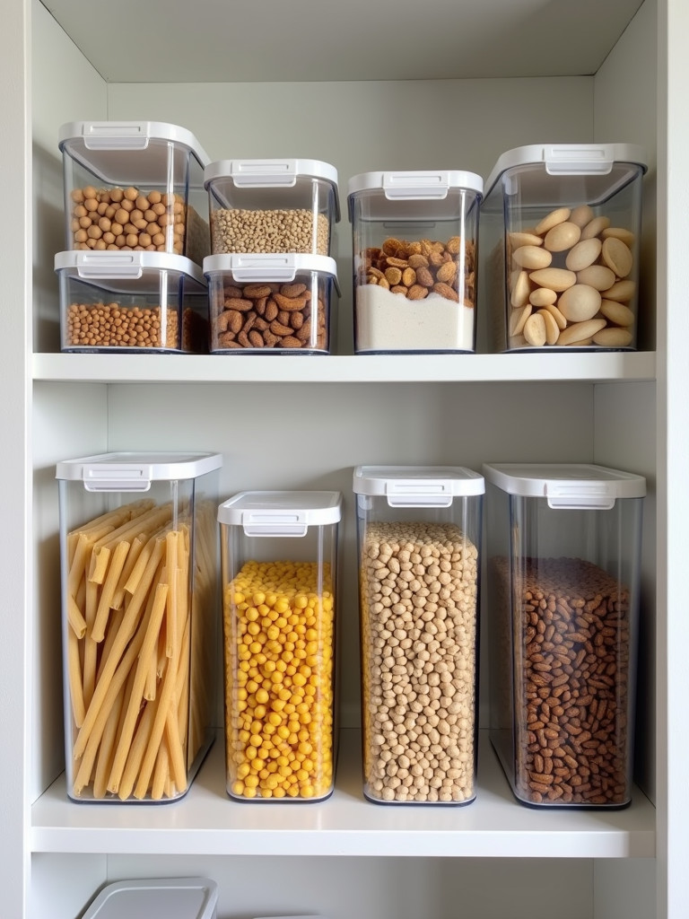 Clear storage containers in a kitchen pantry, filled with dry goods, allowing easy visibility