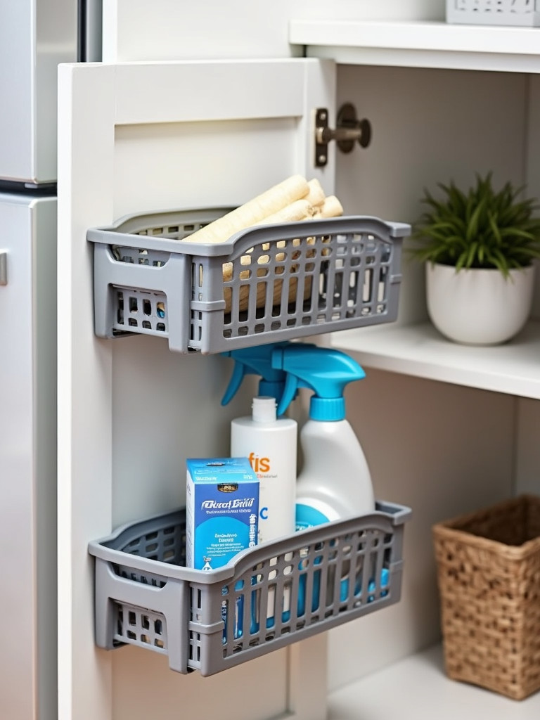 Clip-on baskets attached to a kitchen cabinet door, holding plastic wraps, aluminum foil, and cleaning supplies