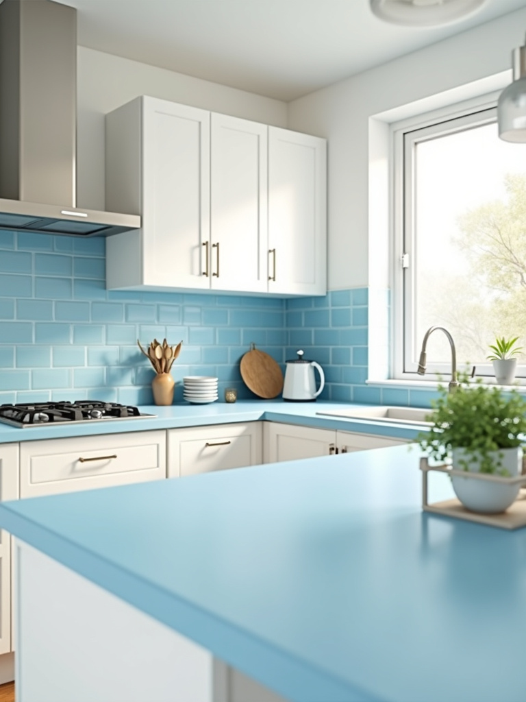 A coastal kitchen with white cabinets and blue laminate countertops.