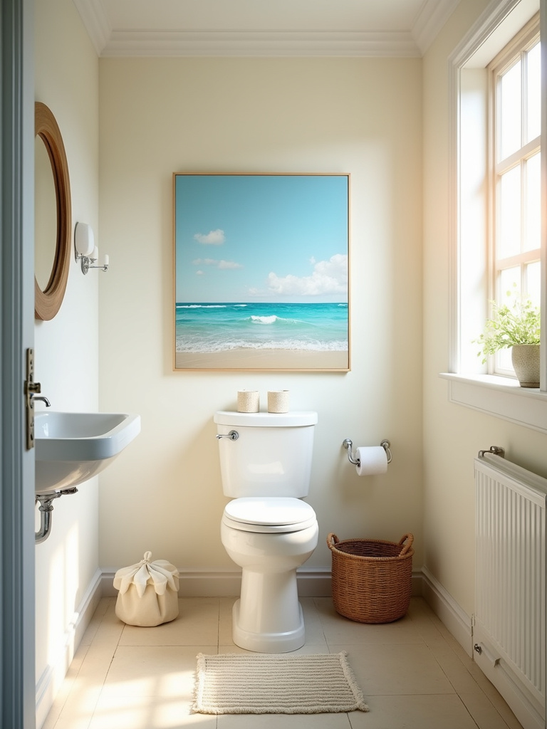 A seascape painting displayed on the wall behind a toilet in a coastal-themed bathroom.