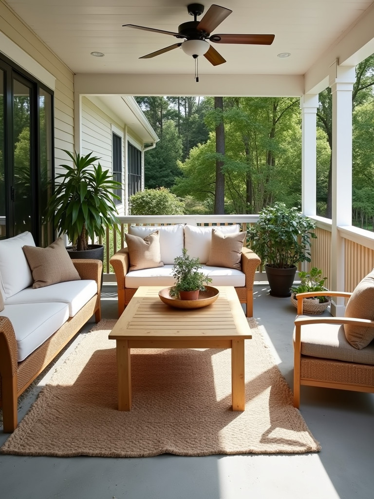 A light-colored rectangular wooden coffee table surrounded by seating on a back porch in bright natural daylight.