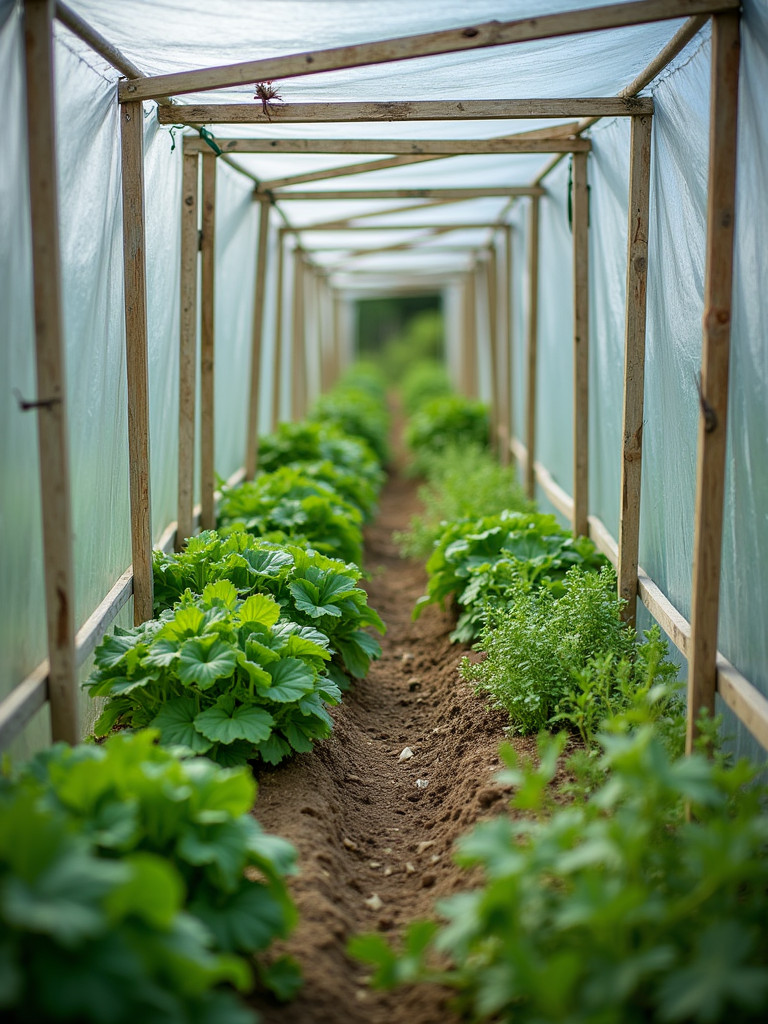 A high view photo of a garden showcasing cold frames and cloches protecting plants from the elements.