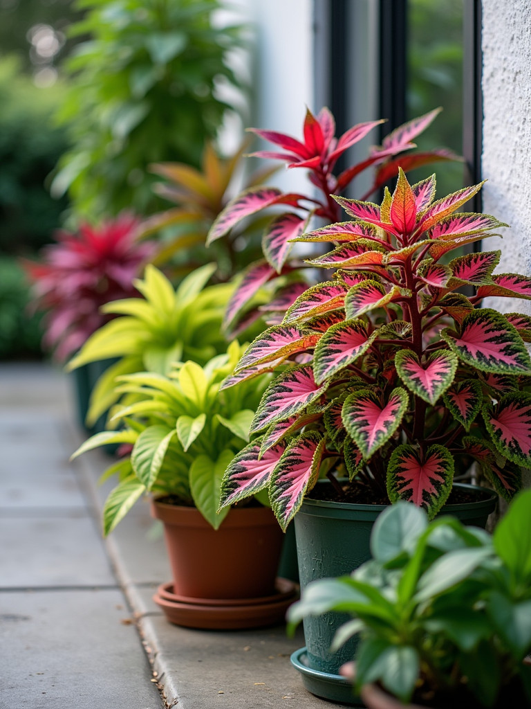 A patio with various colorful coleus plants under soft, indirect light