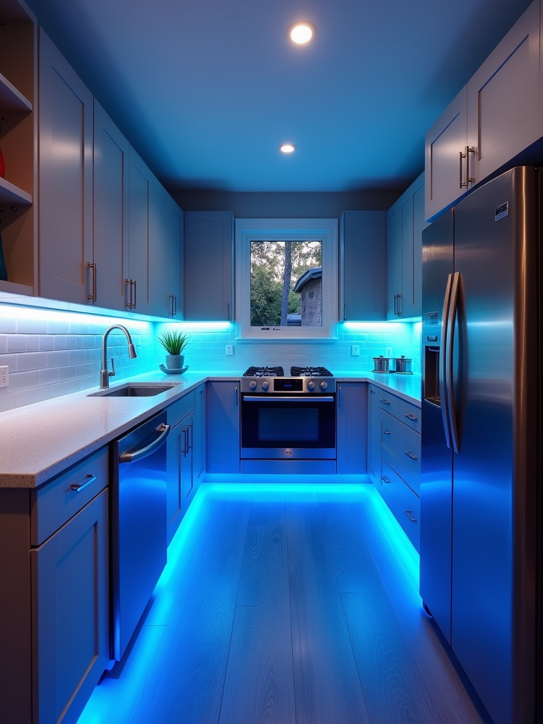 A modern kitchen featuring color-changing LED strips under cabinets, with a cool blue hue, for dramatic effect.