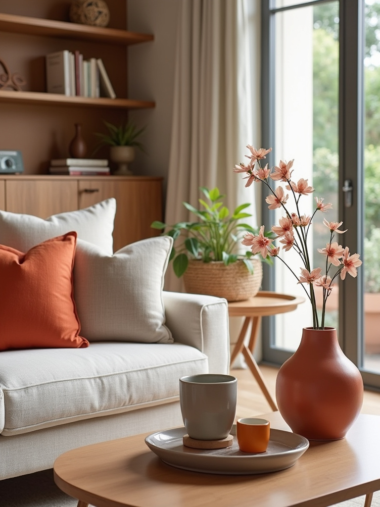 Living room with color-coordinated accessories, slightly above angle, arrangement across surfaces, soft lighting.