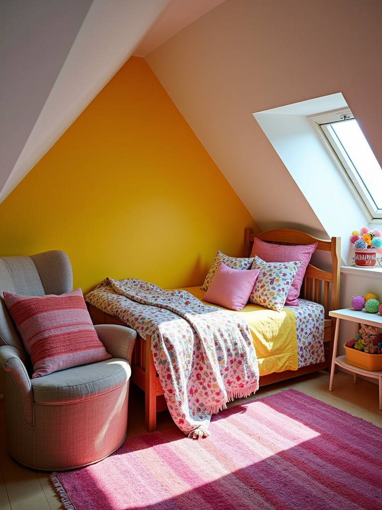 A lively attic bedroom with vibrant accent colors and playful patterns.