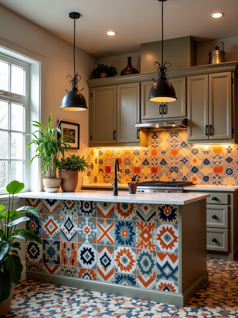 Kitchen bar featuring colorful patterned tiles and a vibrant backsplash.