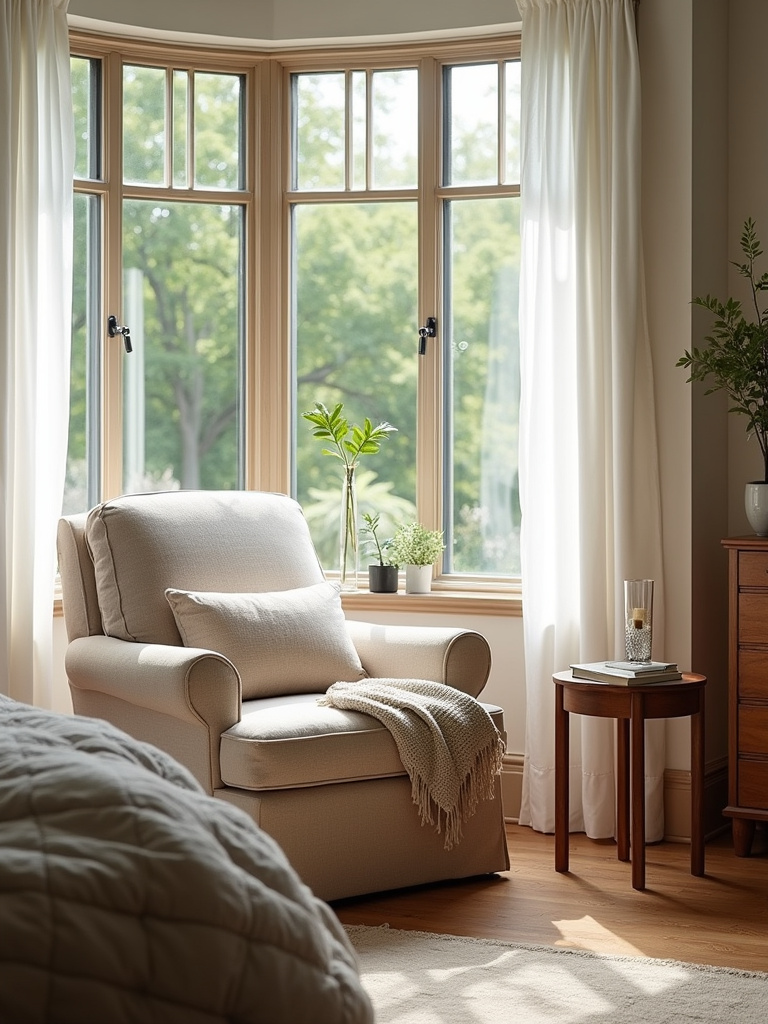 A comfortable armchair in a bedroom invites relaxation with textures and natural lighting.
