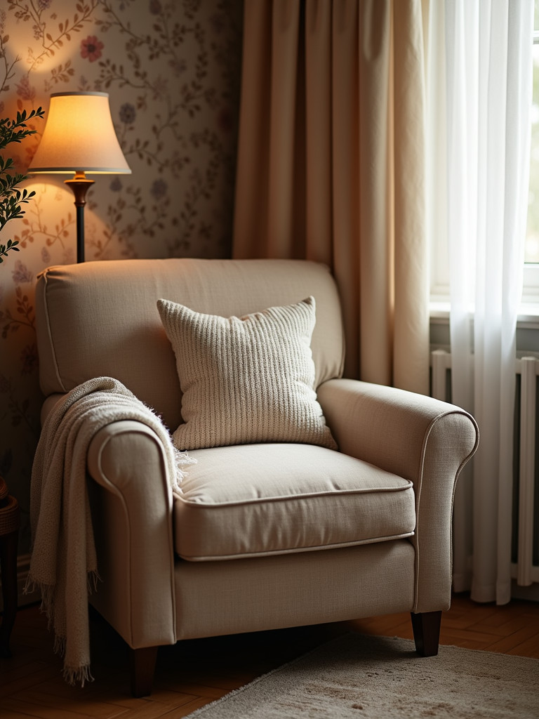 A cozy bedroom with a comfortable reading chair and a soft throw, creating a welcoming reading nook.