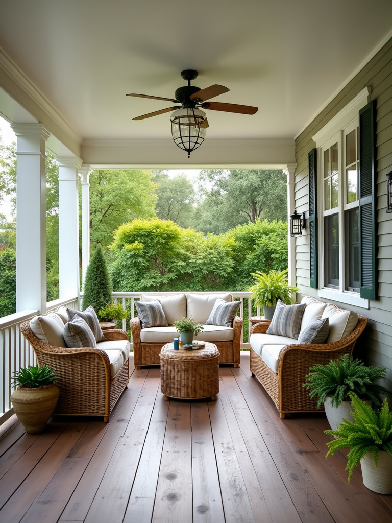 Comfortable wicker armchairs, sofa and pillows on a back porch in bright natural daylight.