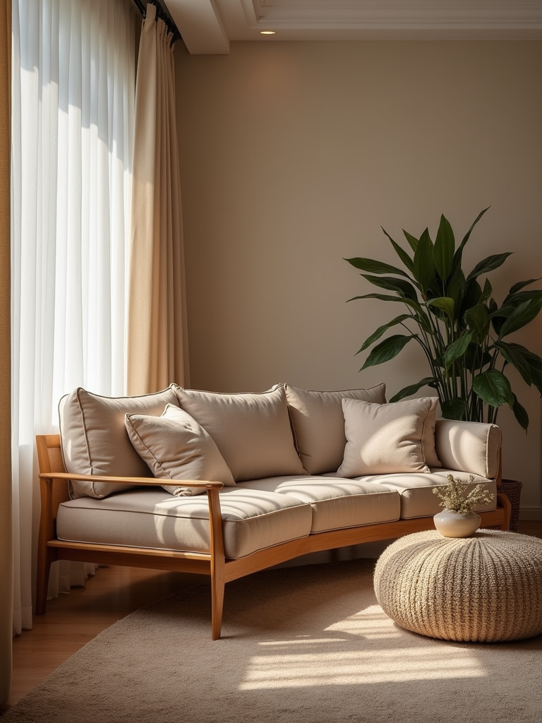Living room with comfortable seating arrangement, warm tones, soft furnishings, soft lighting, wide angle photo.