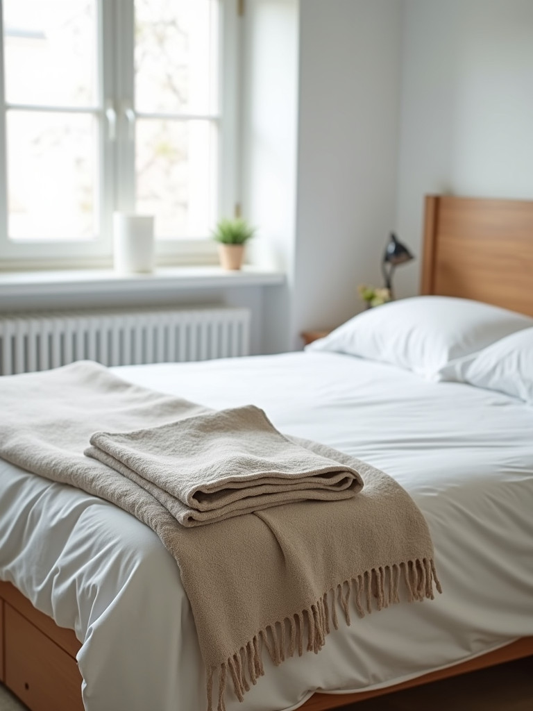 A minimalist bedroom with a neatly folded throw blanket at the foot of the bed, well-lit with natural light