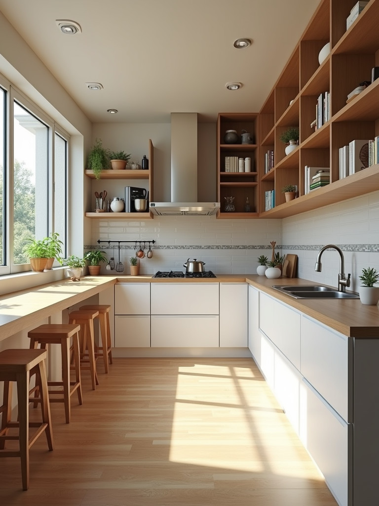 Compact corner kitchen bar with an L-shaped counter and open shelving.