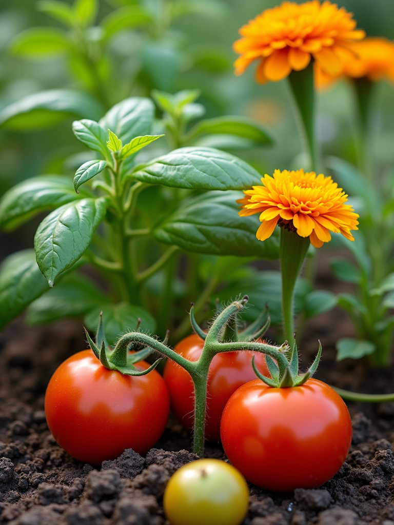  garden photo exhibiting companion planting, where various vegetables and herbs thrive together, naturally deterring pests and promoting growth.
