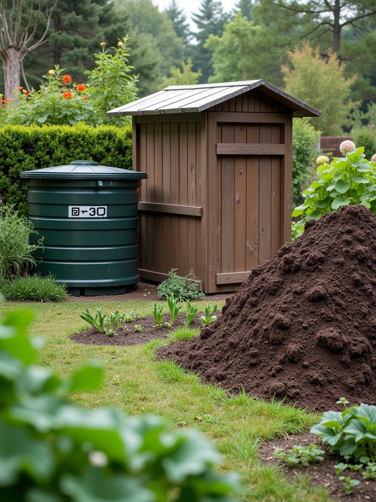 A photo showing a compost system and vegetable garden side by side, highlighting the benefits of recycling organic waste.