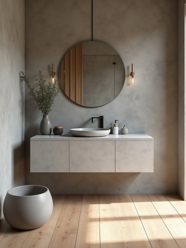 Modern bathroom showcasing concrete accents on the counter