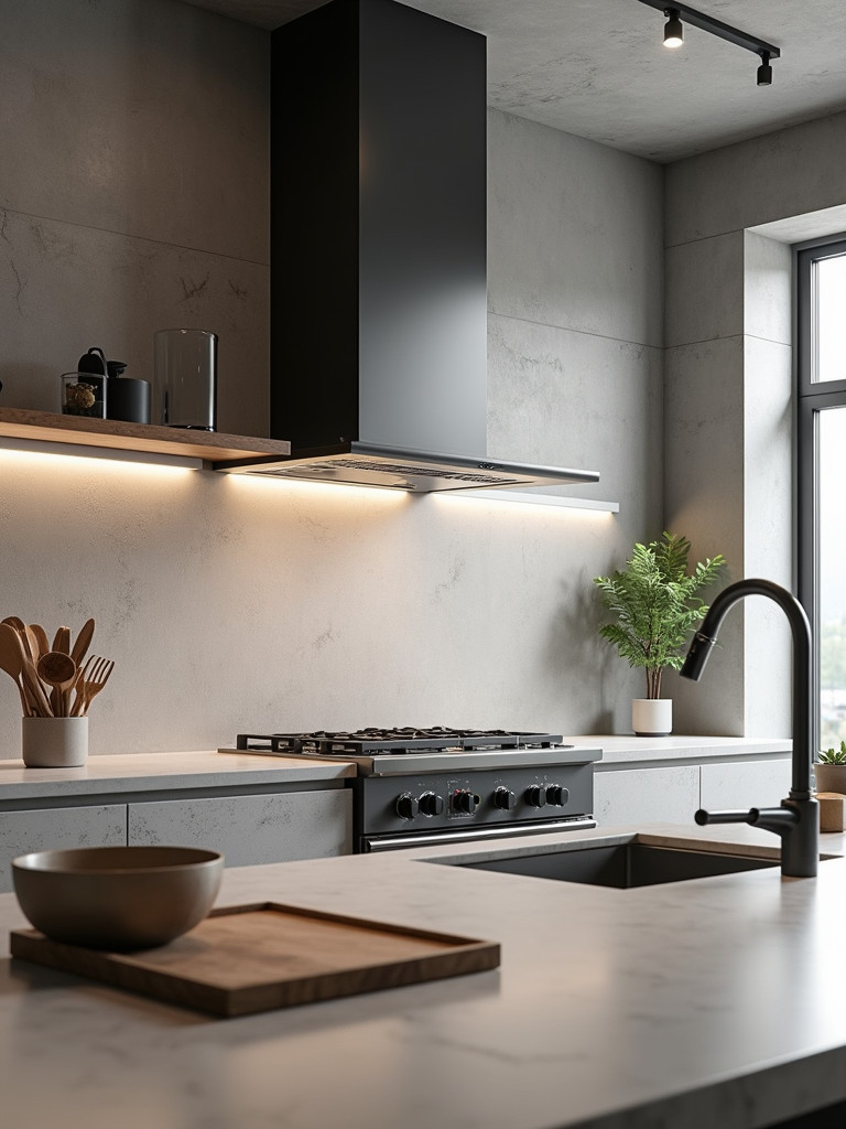 A modern kitchen featuring a concrete backsplash and minimalist decor
