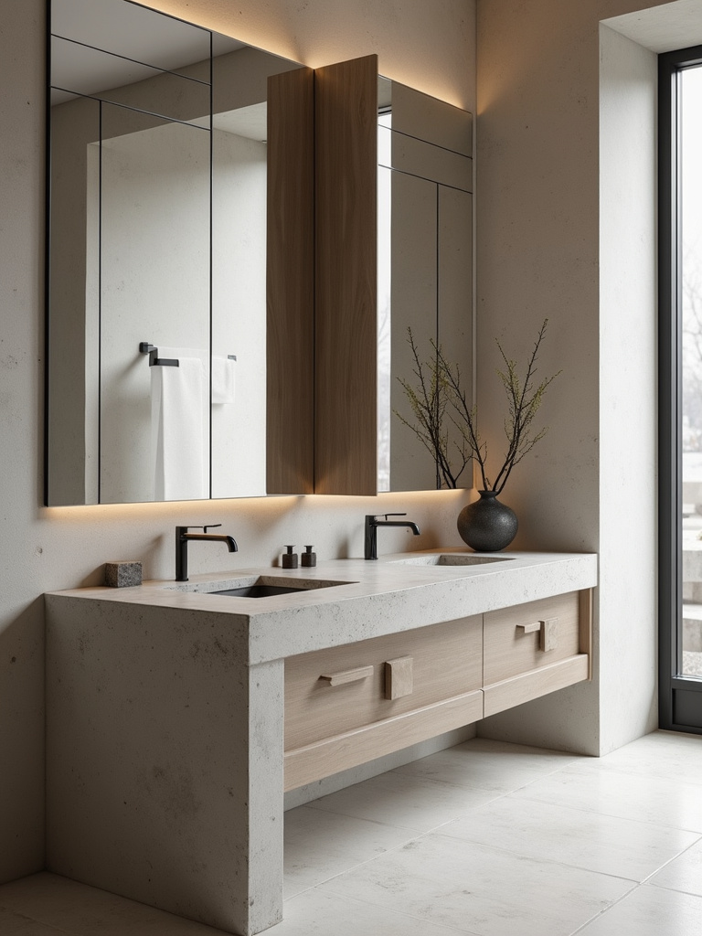 A modern bathroom incorporating concrete or stone accents for a raw and organic aesthetic.