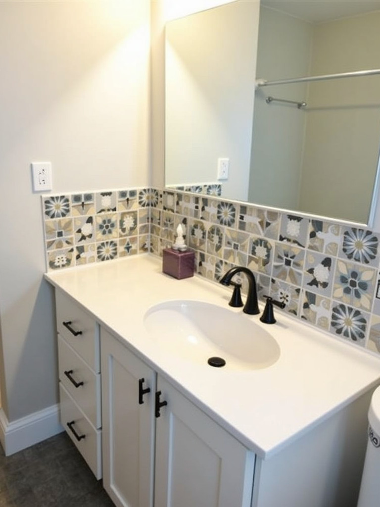 A bathroom featuring a new peel and stick tile backsplash above the vanity.