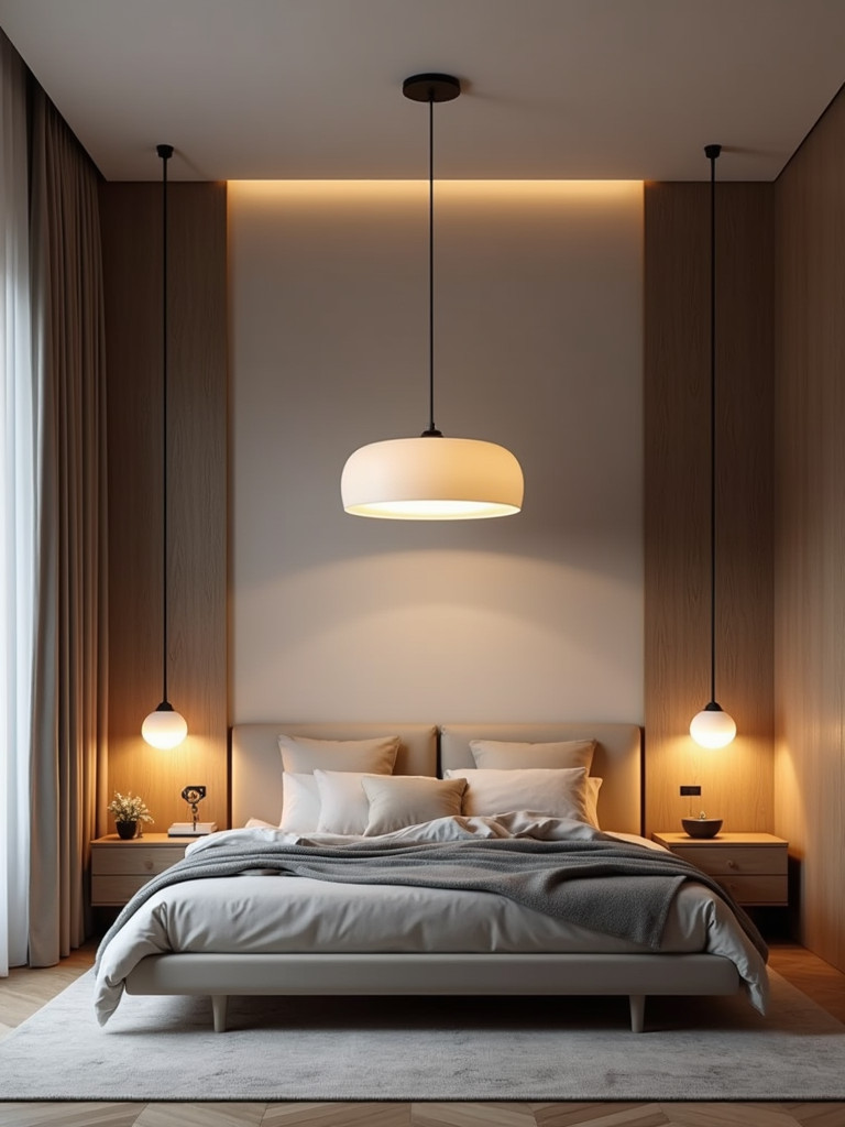 A modern bedroom with statement pendant lighting