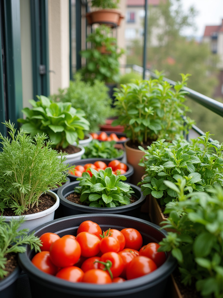 A vibrant balcony garden filled with an array of potted vegetables and herbs under soft natural light.