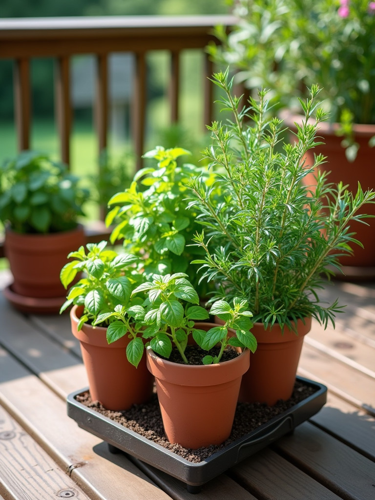 A patio with various potted herbs under bright, natural daylight