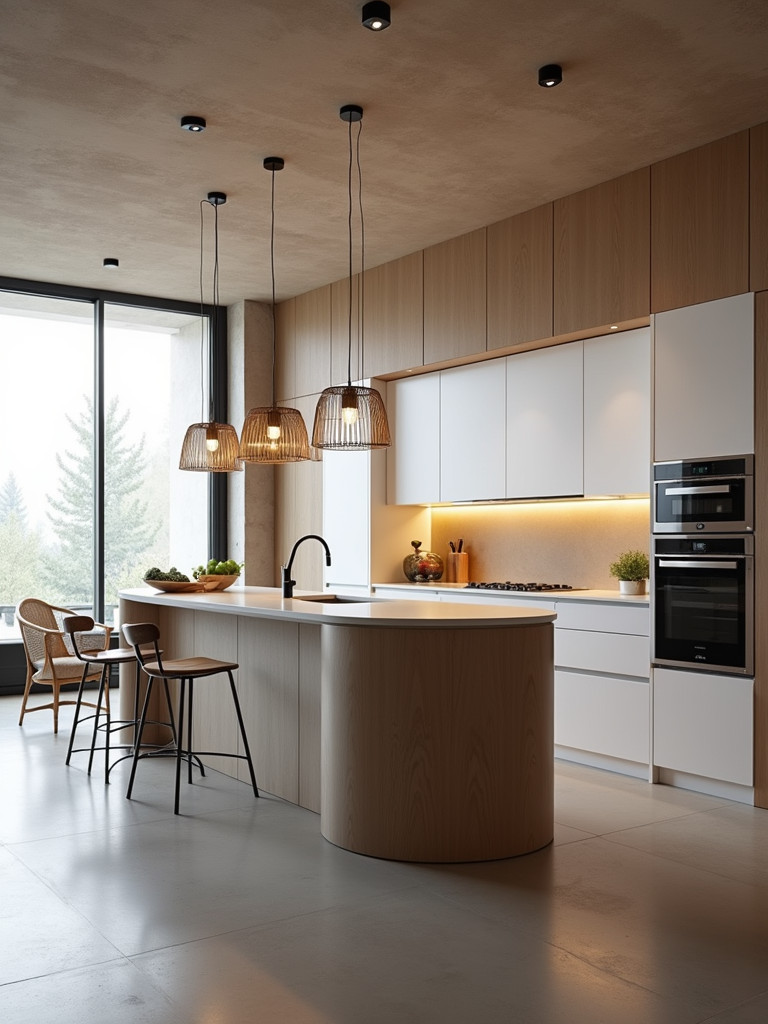 Contemporary curved kitchen bar with a seamless countertop and stylish pendant lights.