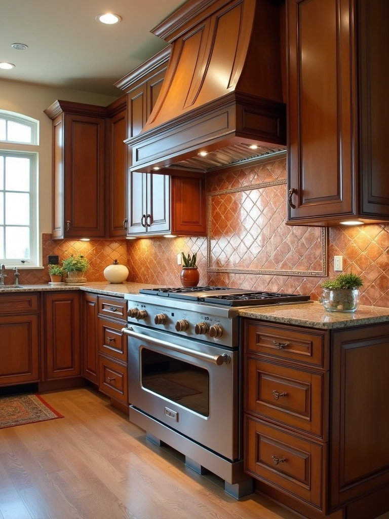 A traditional kitchen featuring copper accents in the backsplash, creating an elegant and inviting atmosphere, paired with warm-toned cabinetry