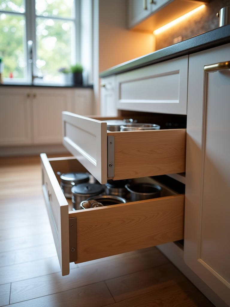 A modern kitchen with fully extended corner drawers displaying various kitchen items.