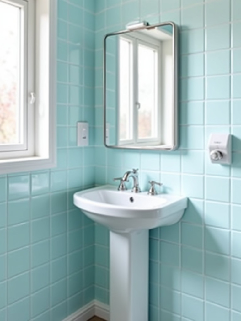 A contemporary small bathroom featuring a white corner sink, light blue wall tiles, and natural lighting.