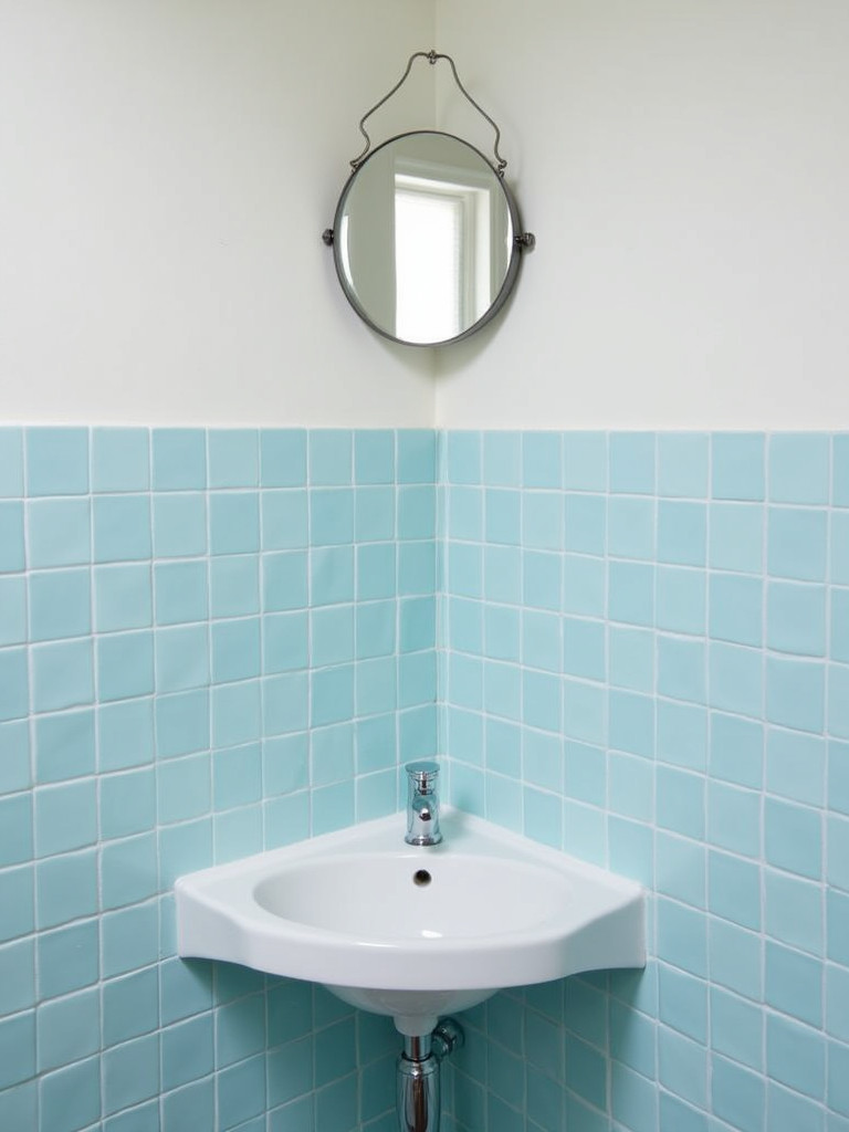 A corner sink in a small bathroom with light blue tiles