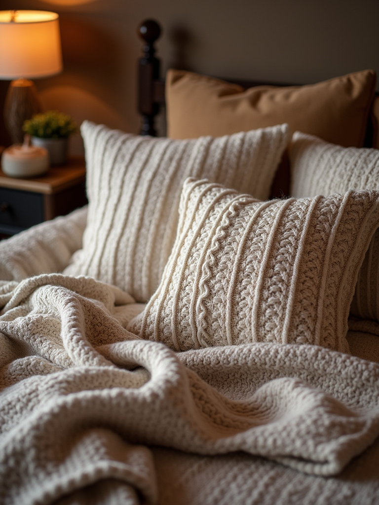 Various knit and woven textiles throughout this relaxing bedroom enhance the room’s cozy nature during the evening hours.