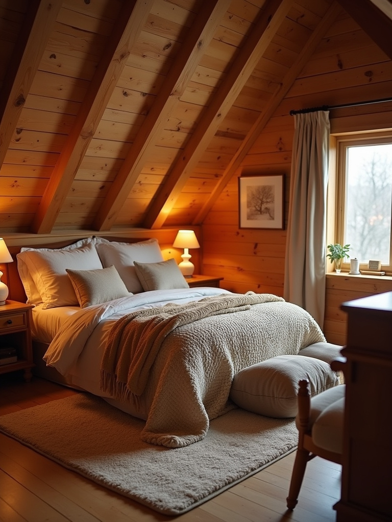 A cozy attic bedroom with warm lighting and textured textiles.