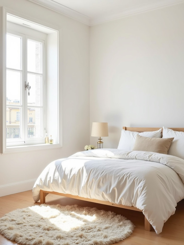 A bright, inviting bedroom with a cream wool area rug under the bed, bathed in natural light