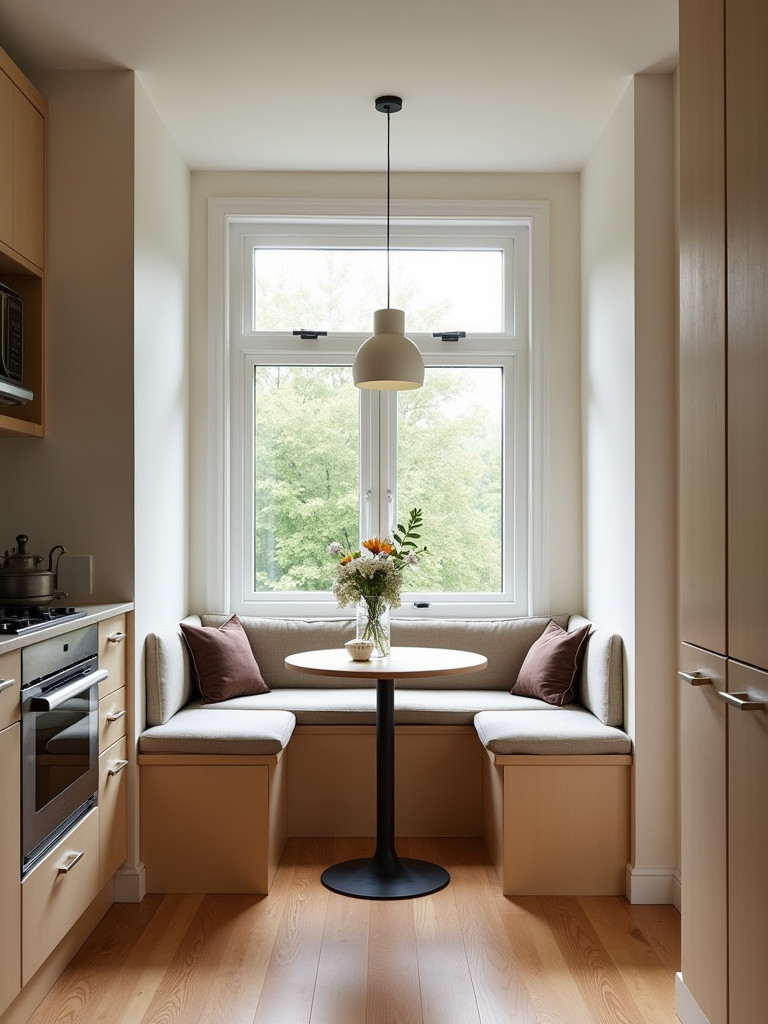 A cozy breakfast nook area in a bright kitchen
