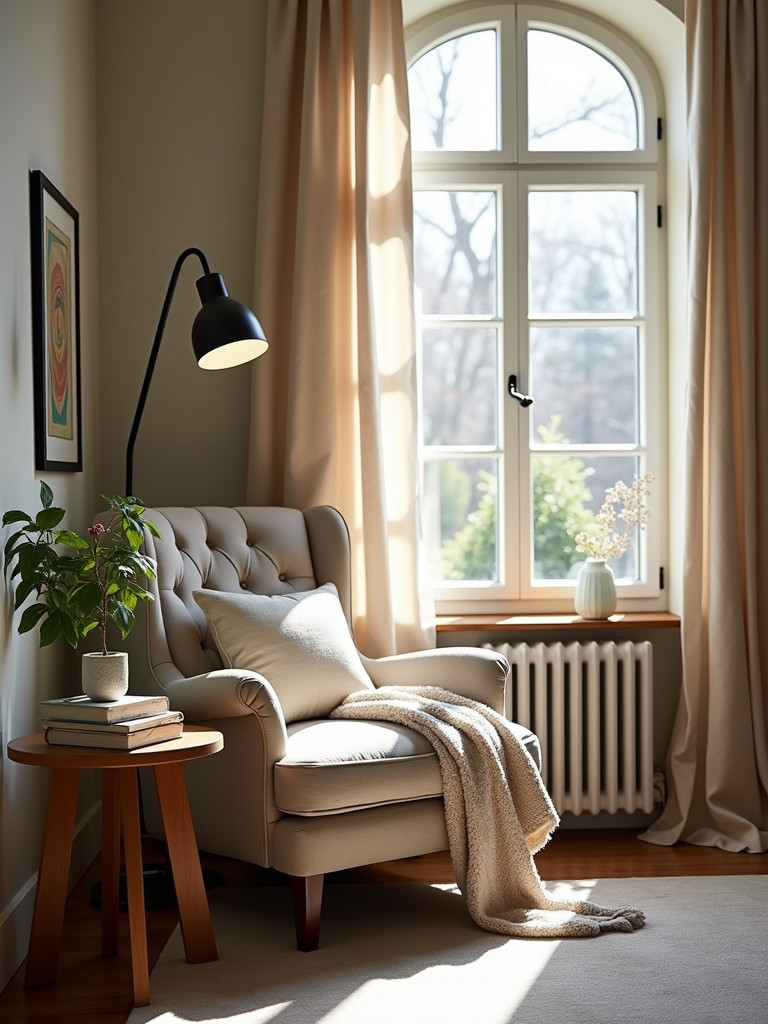 A cozy bedroom reading nook with a comfortable armchair