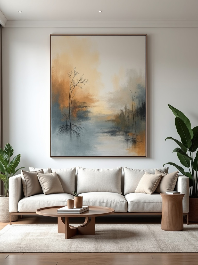 A living room with a large, abstract painting above a neutral sofa