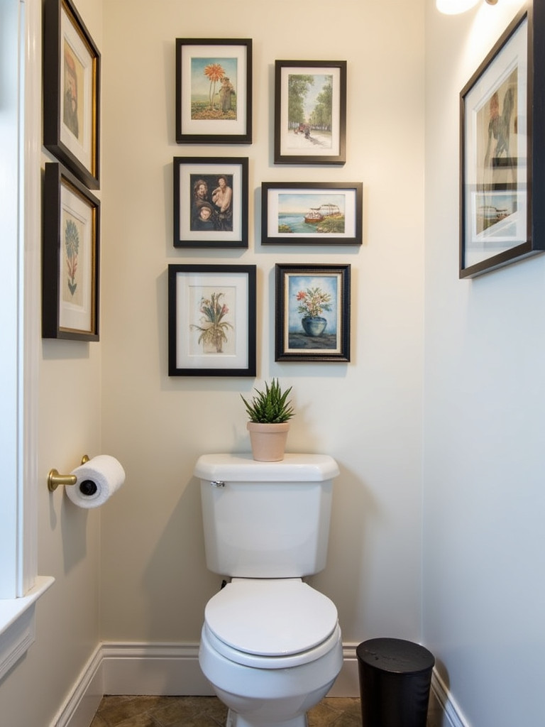 bathroom with a stylish gallery wall above the toilet, featuring various framed art pieces.