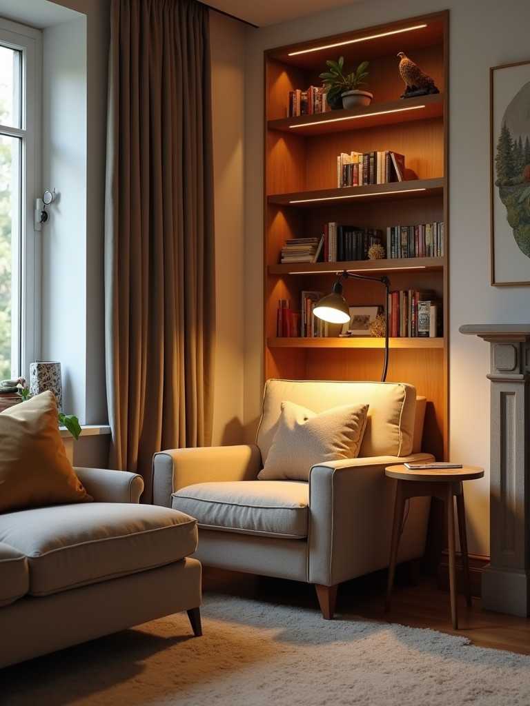 A comfortable reading nook in a living room with an armchair, side table, and lamp