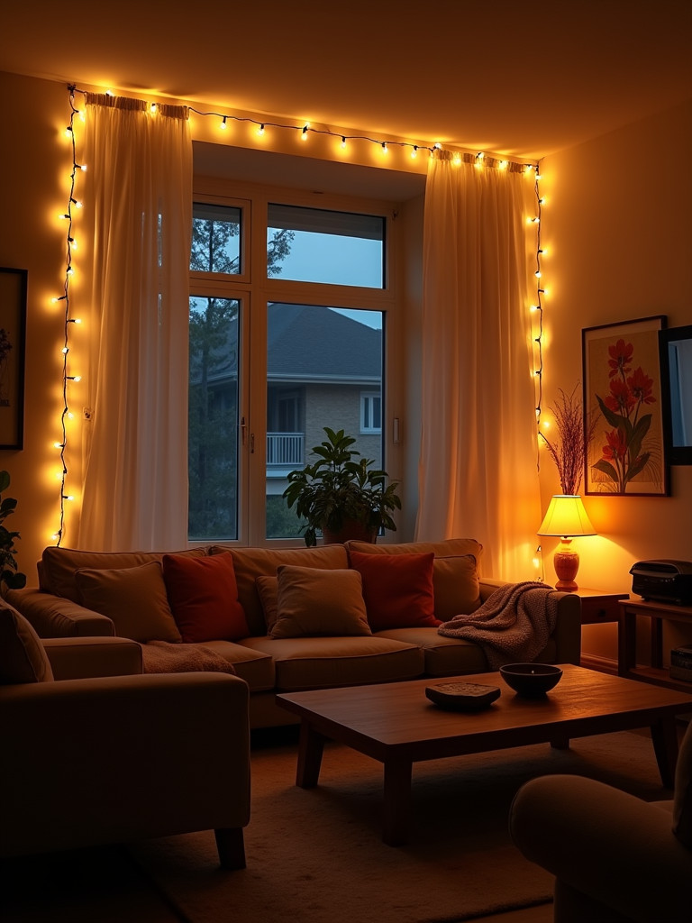 Living room with string lights creating a cozy ambiance.